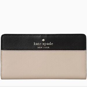 Kate Spade Saffiano Leather Large Slim Bifold Wallet Black and Warm Beige